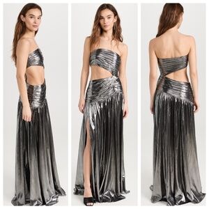 Retrofete KENNA Gunmetal Silver Metallic Lame Maxi Dress Strapless Cut Out NWT